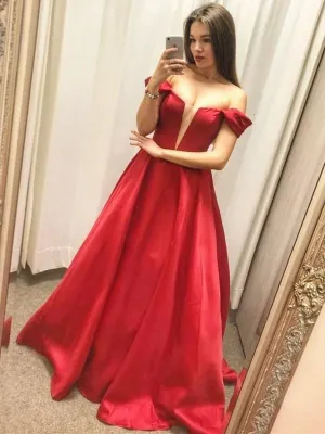 V Neck Satin Off the Shoulder Long Red Prom, Off Shoulder Red Formal, Red Evening