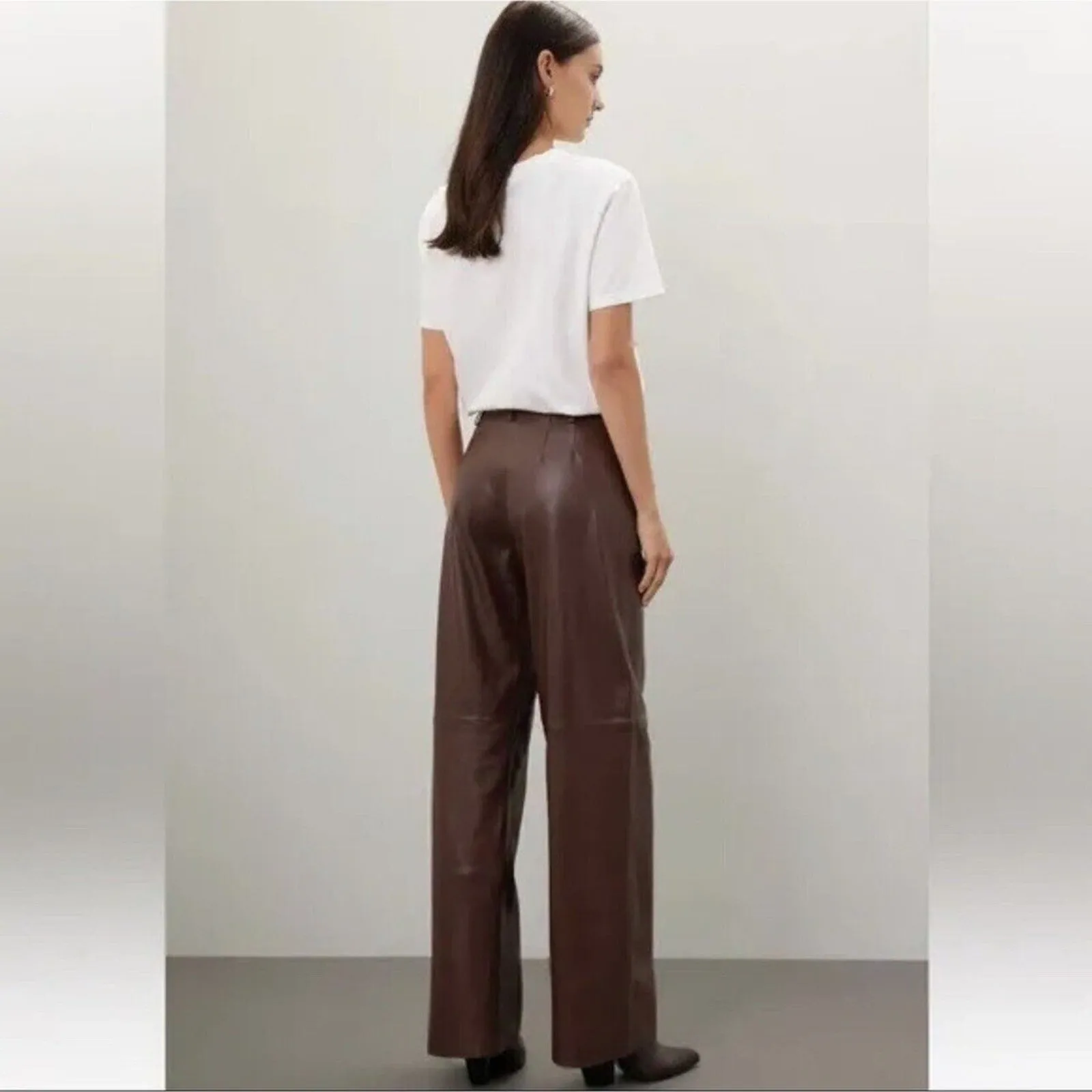 Veda Women's Brown Leather Trousers High Waist Straight Leg Size 12 (FLAW)