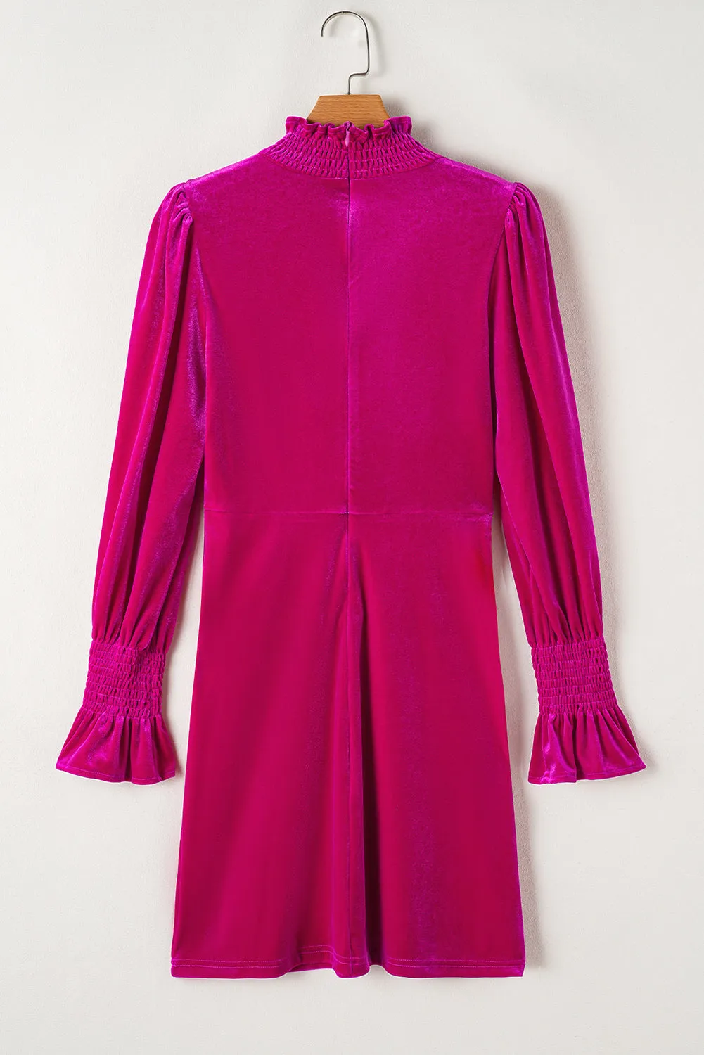 Velvet Mini Dress with Smocked Mock Neck and Ruffled Puff Sleeves