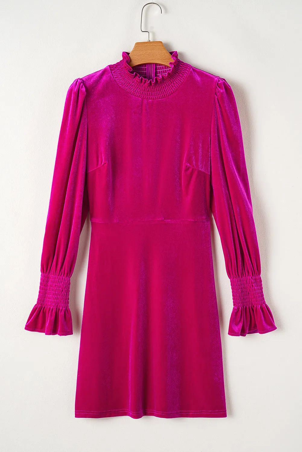 Velvet Mini Dress with Smocked Mock Neck and Ruffled Puff Sleeves