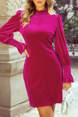 Velvet Mini Dress with Smocked Mock Neck and Ruffled Puff Sleeves