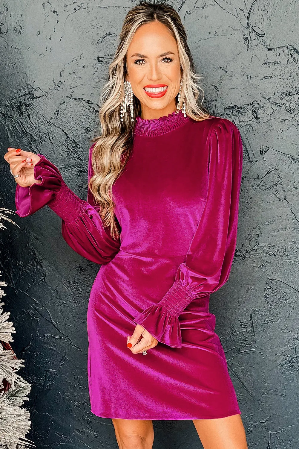 Velvet Mini Dress with Smocked Mock Neck and Ruffled Puff Sleeves