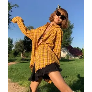 Vibrant Y2K Plaid Shirt with Unique Embroidery and Tassel Details