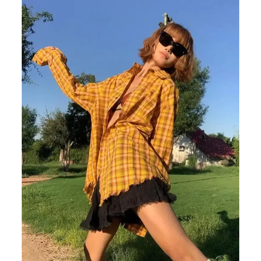 Vibrant Y2K Plaid Shirt with Unique Embroidery and Tassel Details