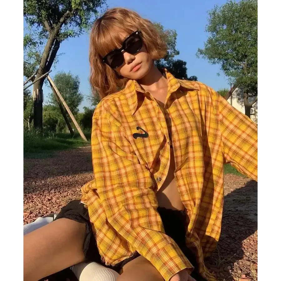 Vibrant Y2K Plaid Shirt with Unique Embroidery and Tassel Details