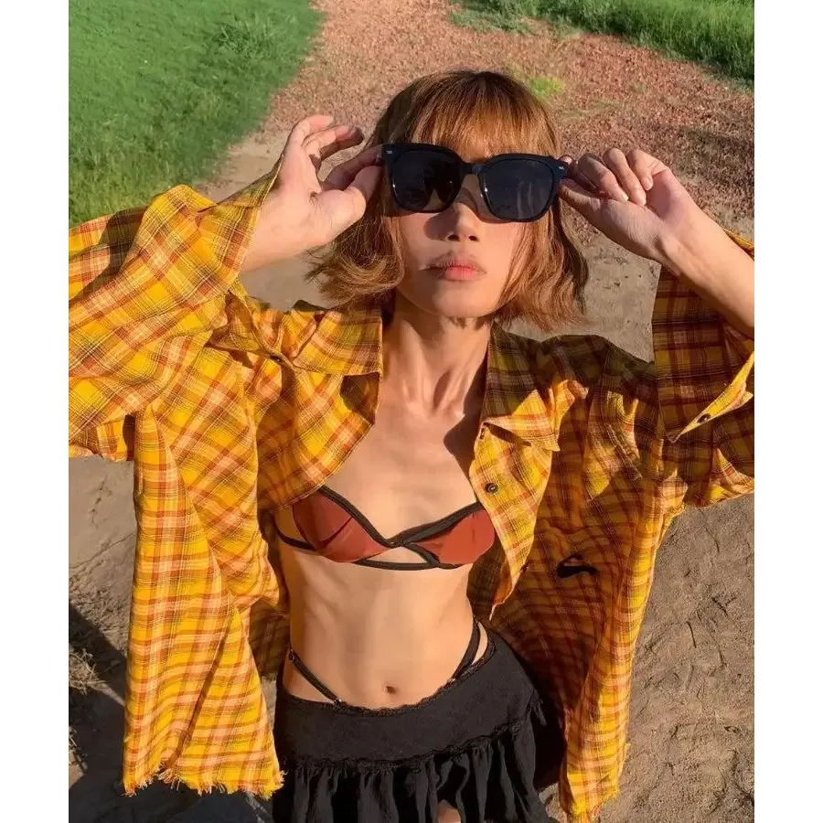 Vibrant Y2K Plaid Shirt with Unique Embroidery and Tassel Details