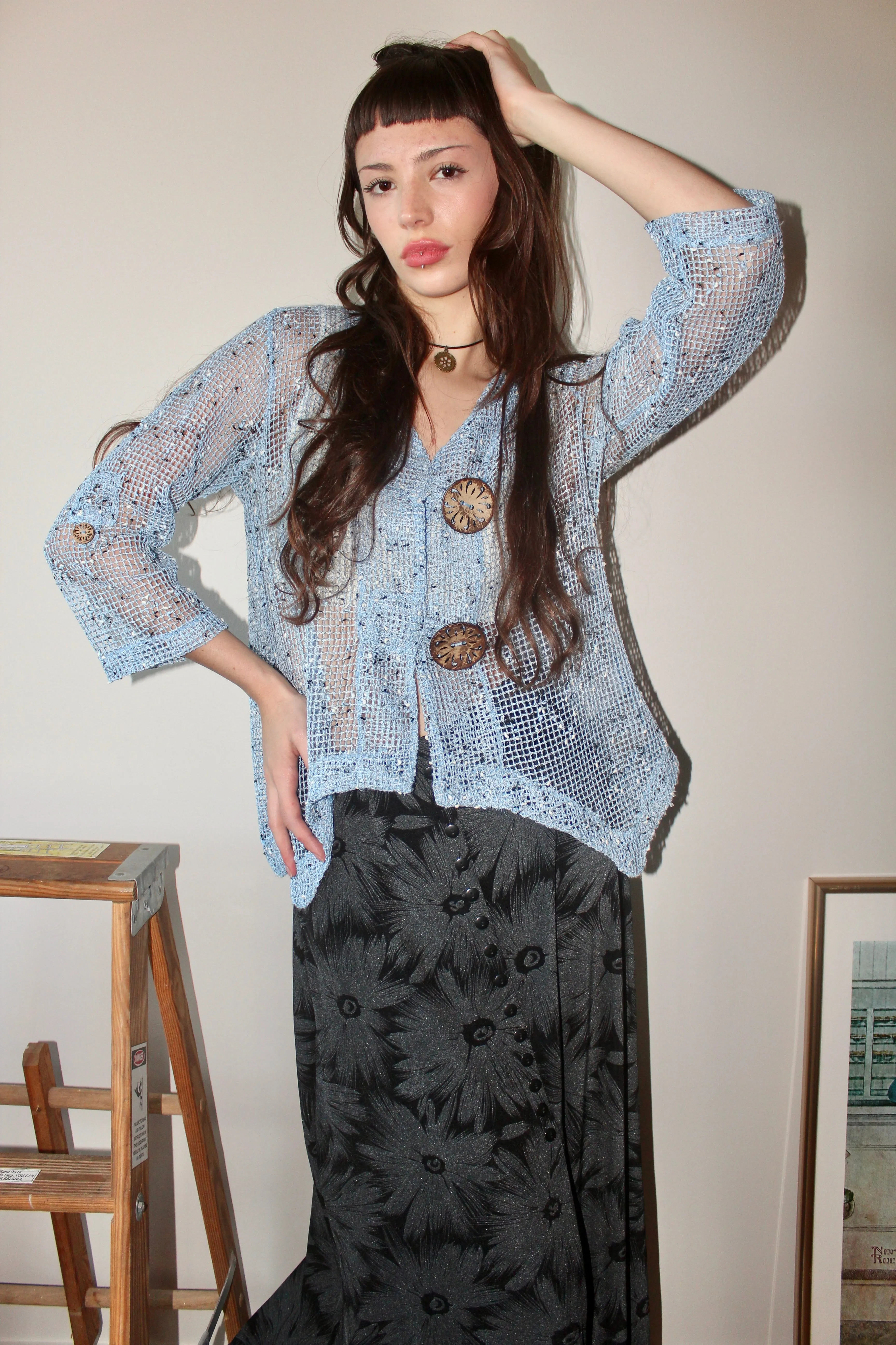 Vintage Blue Mesh Knit Top (M)