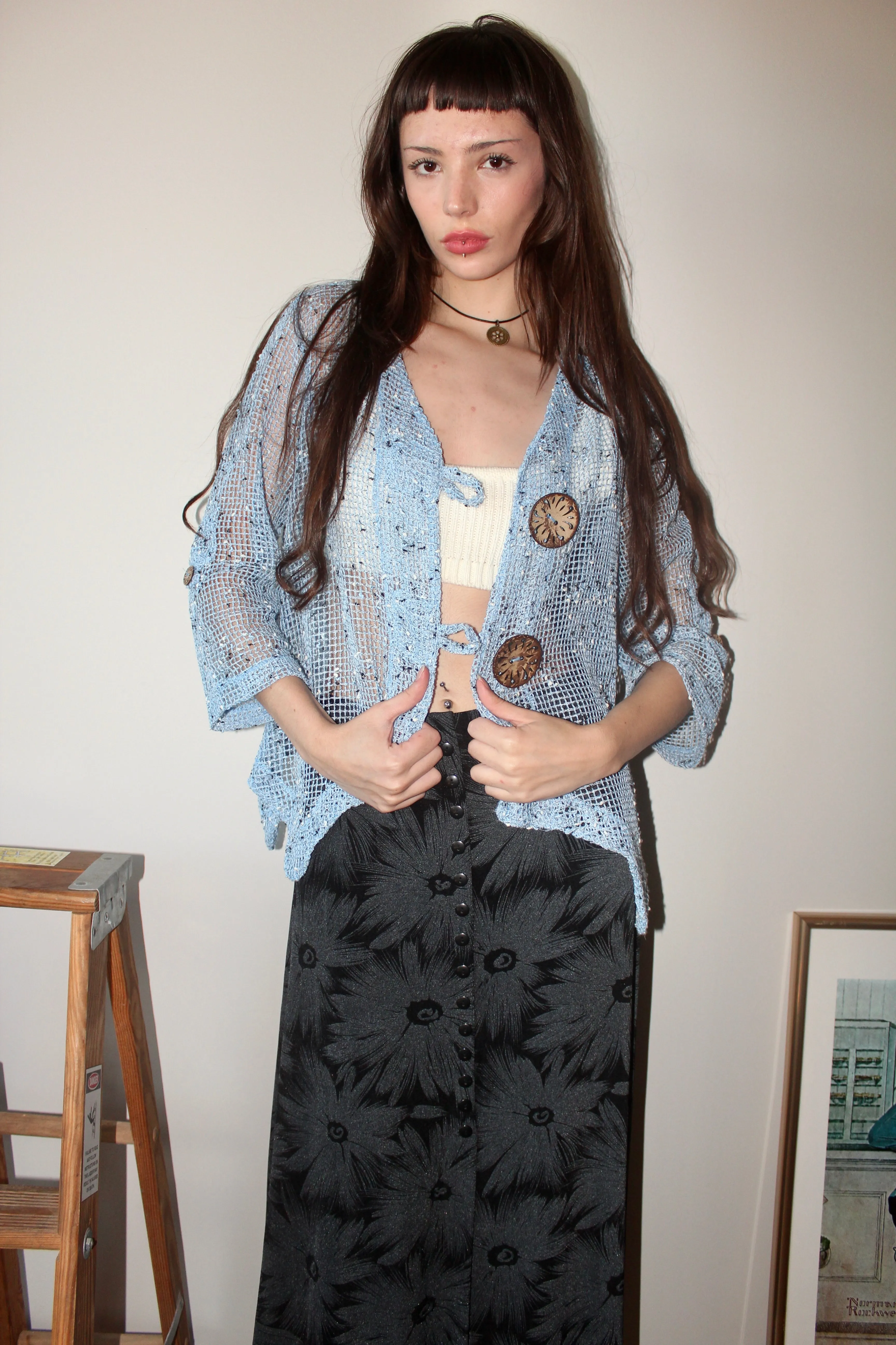 Vintage Blue Mesh Knit Top (M)