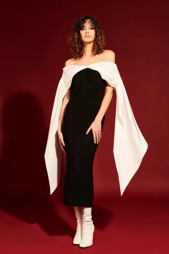 White and Black Off the Shoulder Cascading Sleeve Dress
