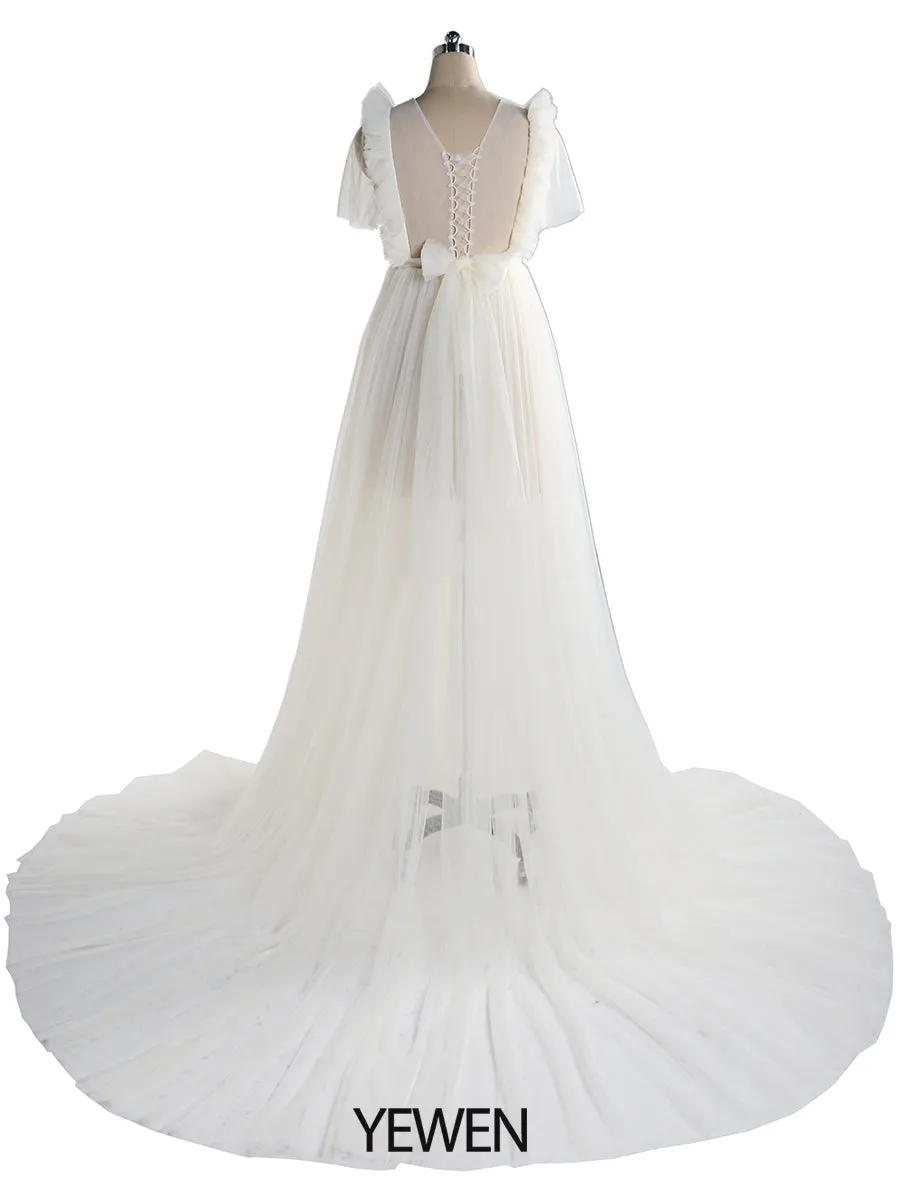 White Maternity Dress Ruffled Short Sleeve Maxi Party Dress