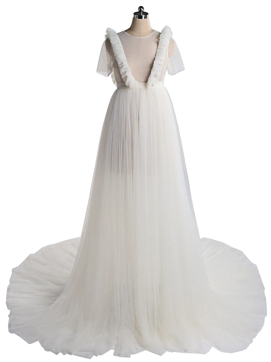 White Maternity Dress Ruffled Short Sleeve Maxi Party Dress