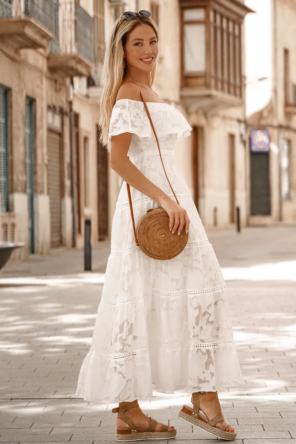 White Off-the-shoulder Ruffled Lace Maxi Dress