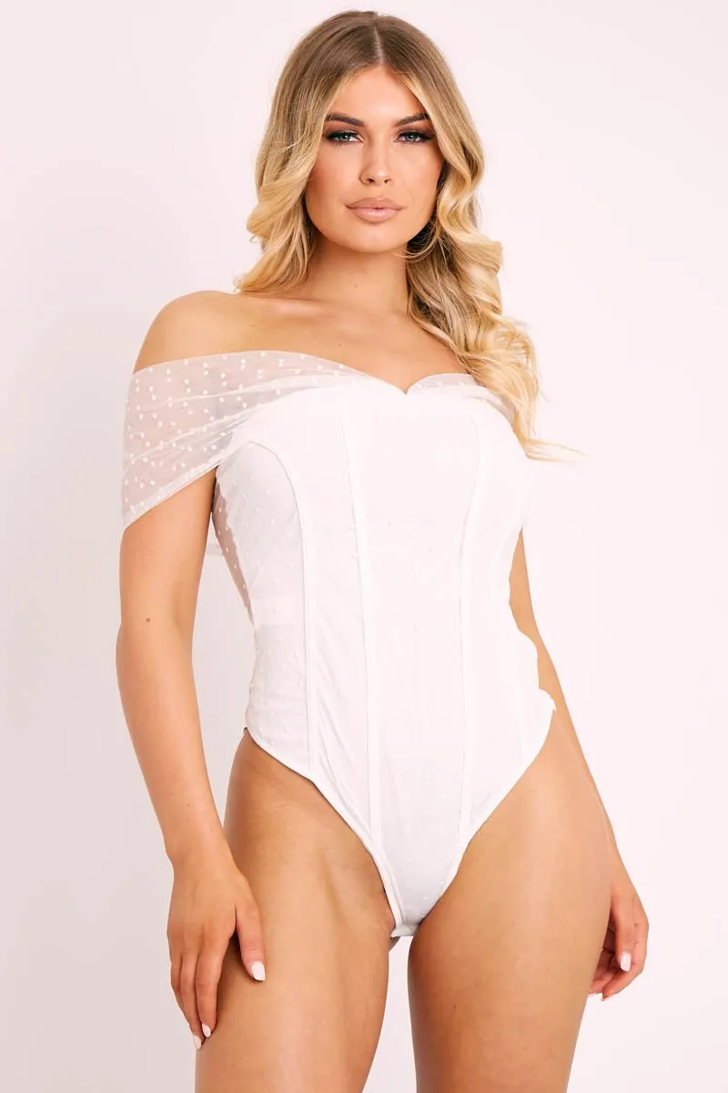 White Polka Dot Mesh Bardot Bodysuit - Sallie