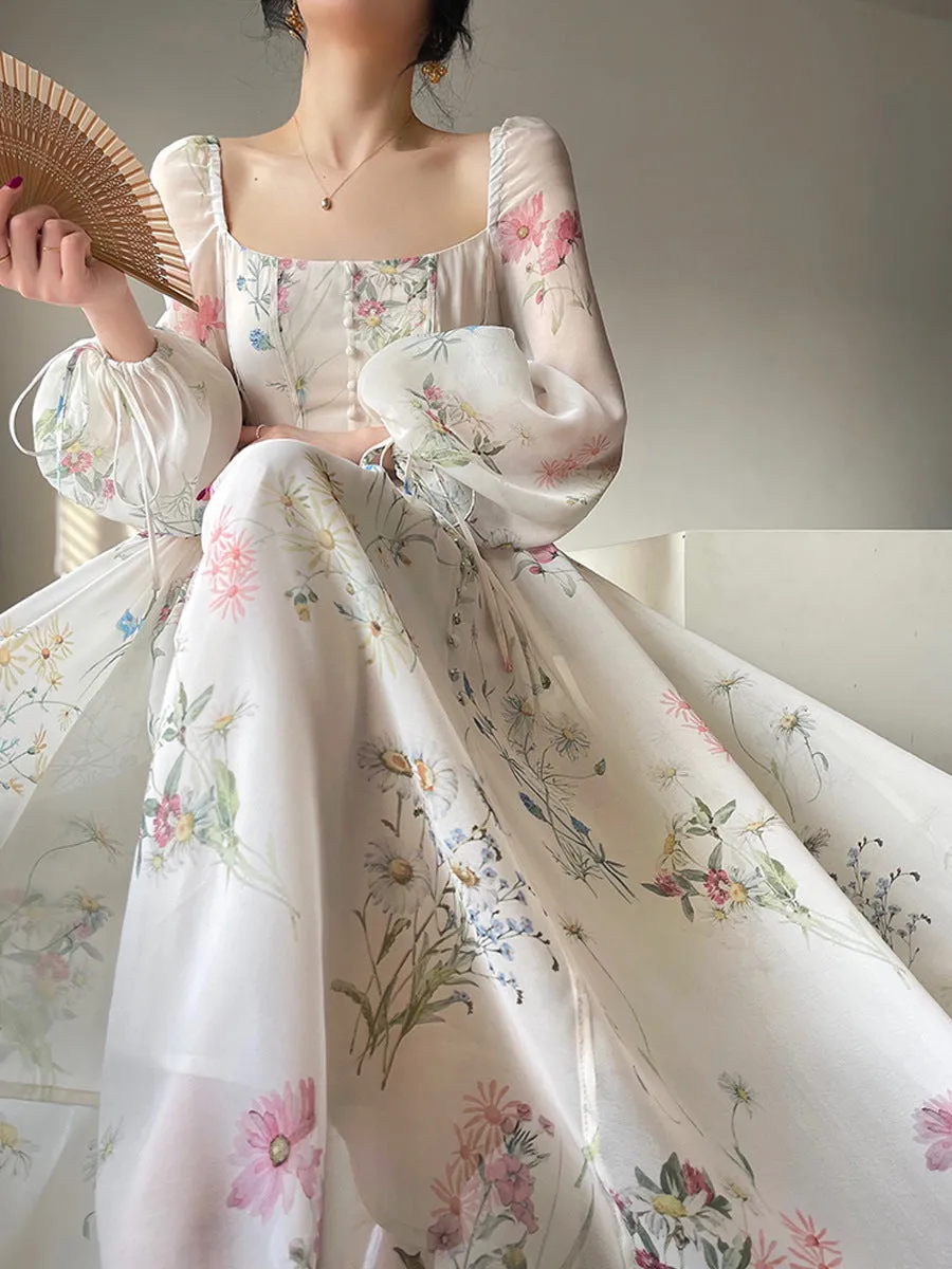 Women Chiffon Long Sleeve Off Shoulder Midi Dress
