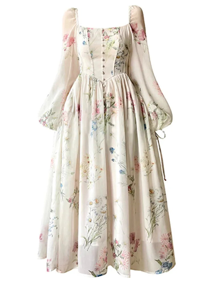 Women Chiffon Long Sleeve Off Shoulder Midi Dress