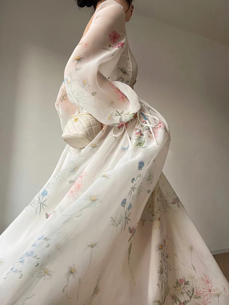 Women Chiffon Long Sleeve Off Shoulder Midi Dress