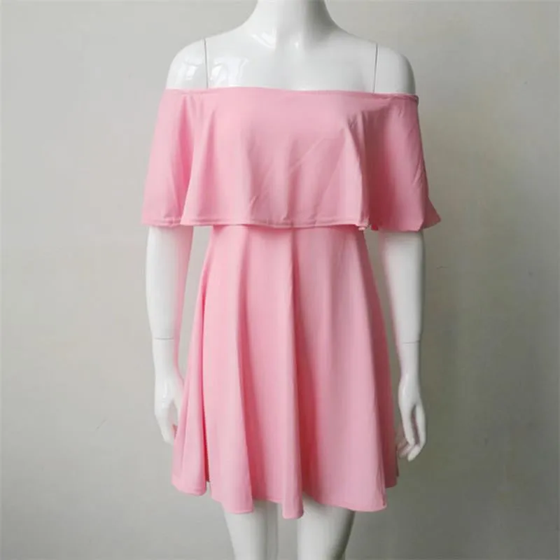 Women Dresses Summer Casual Solid Candy Off the Shoulder Slash Neck Club Party Dresses Women