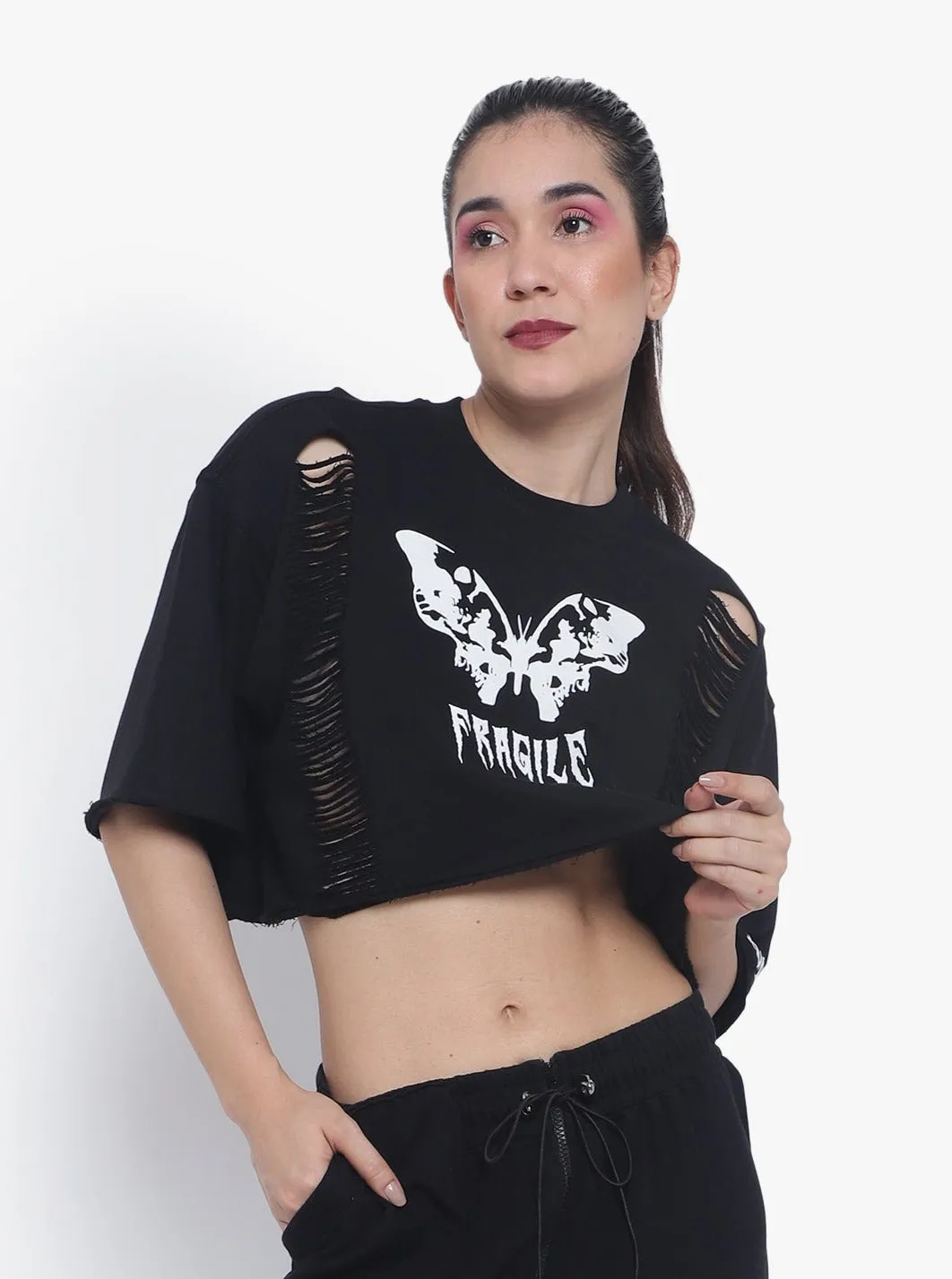 Women's Fragile Oversized Cropped T-Shirts (Black)