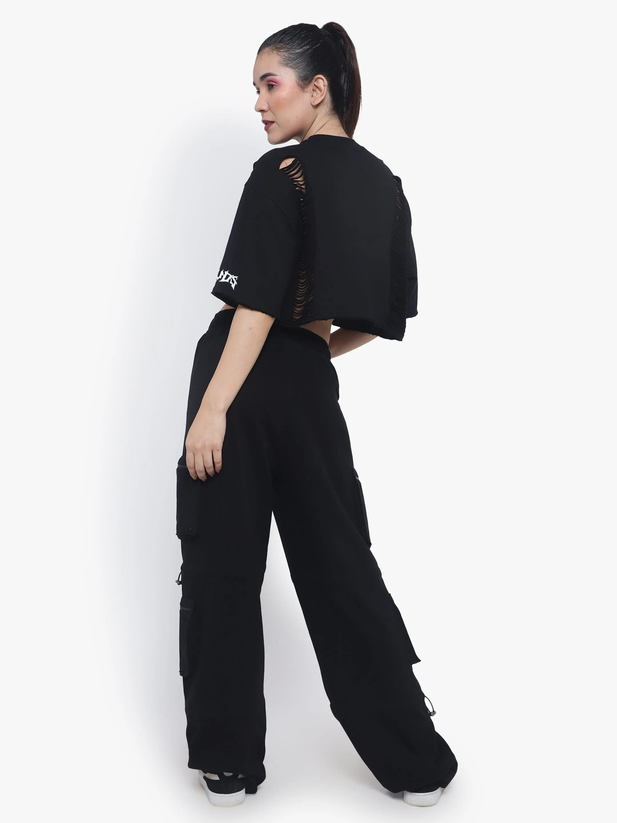 Women's Fragile Oversized Cropped T-Shirts (Black)