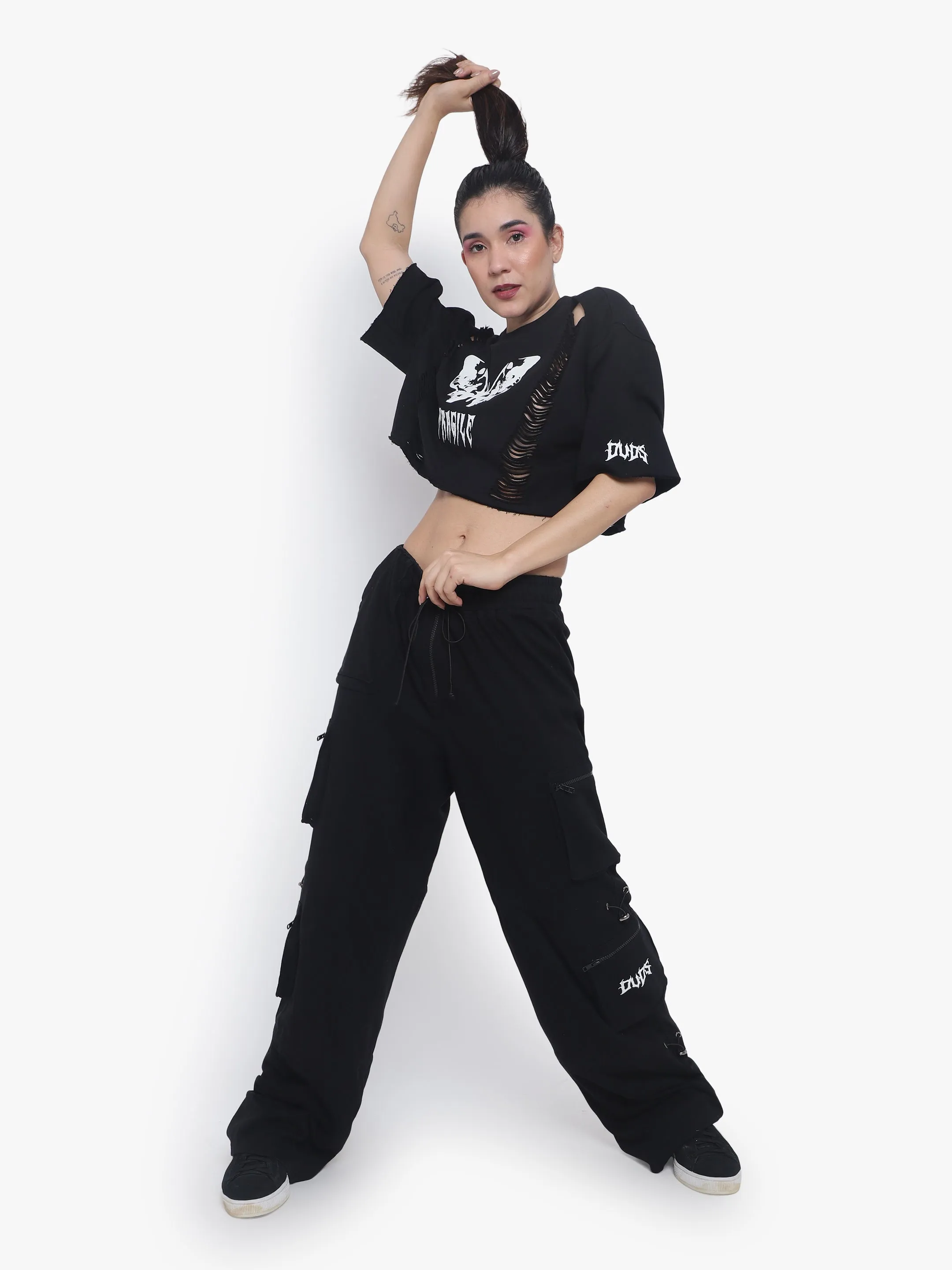 Women's Fragile Oversized Cropped T-Shirts (Black)