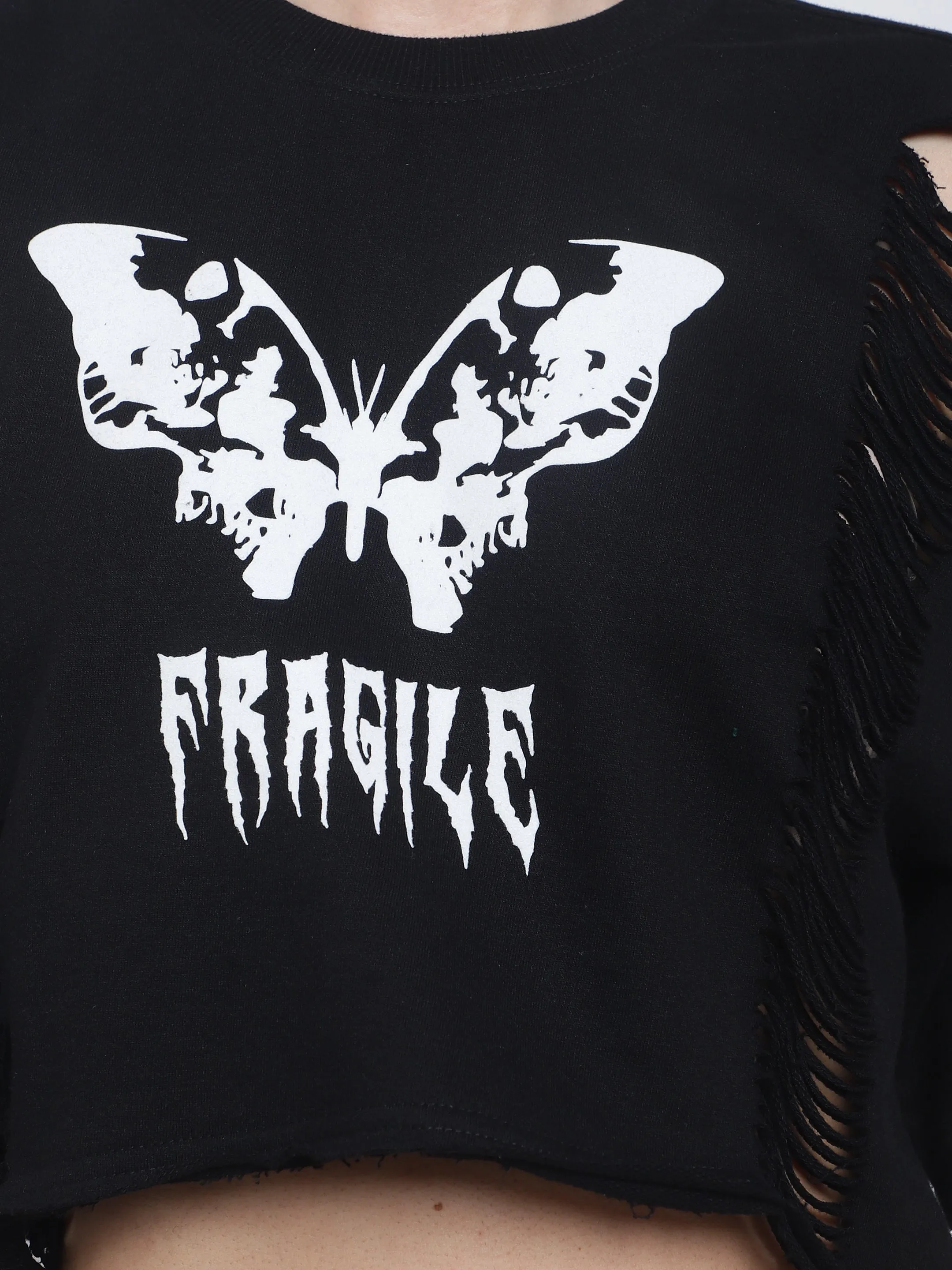 Women's Fragile Oversized Cropped T-Shirts (Black)