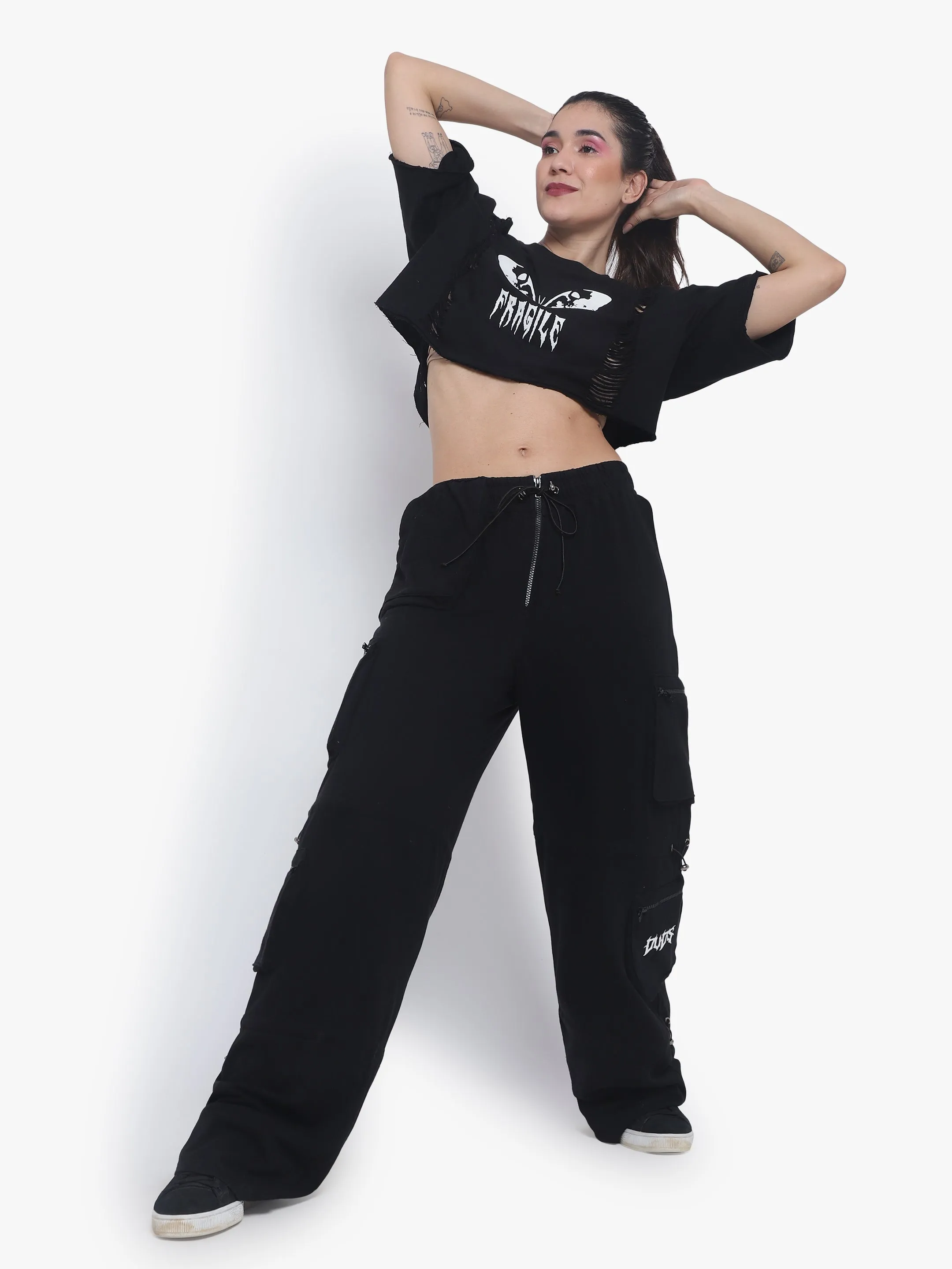 Women's Fragile Oversized Cropped T-Shirts (Black)