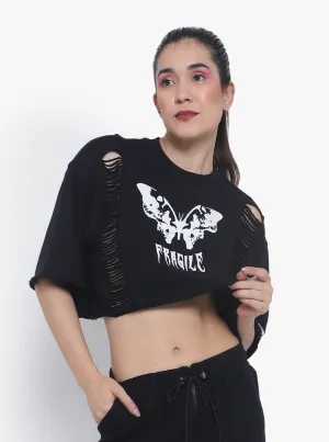 Women's Fragile Oversized Cropped T-Shirts (Black)