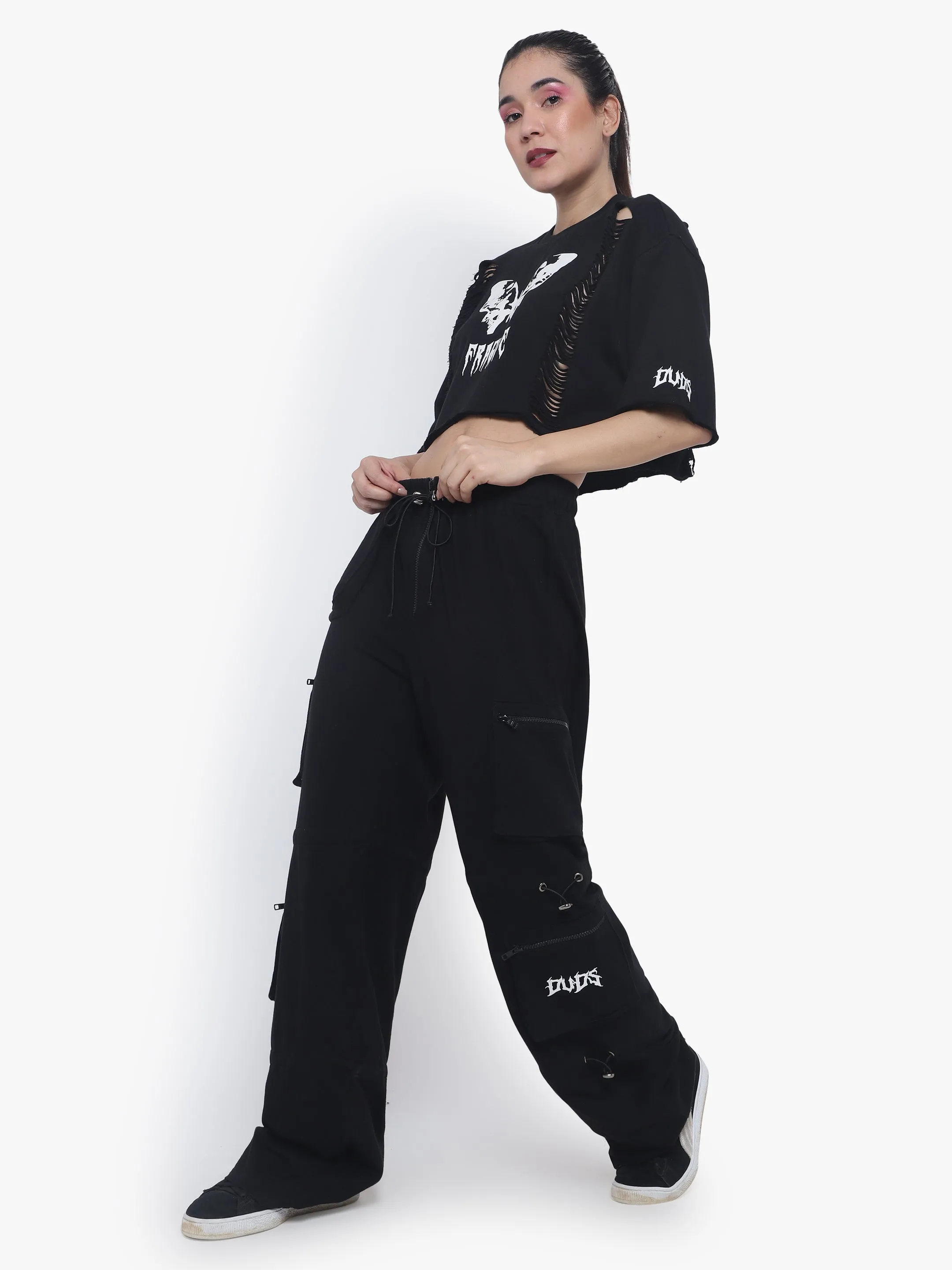 Women's Fragile Oversized Cropped T-Shirts (Black)