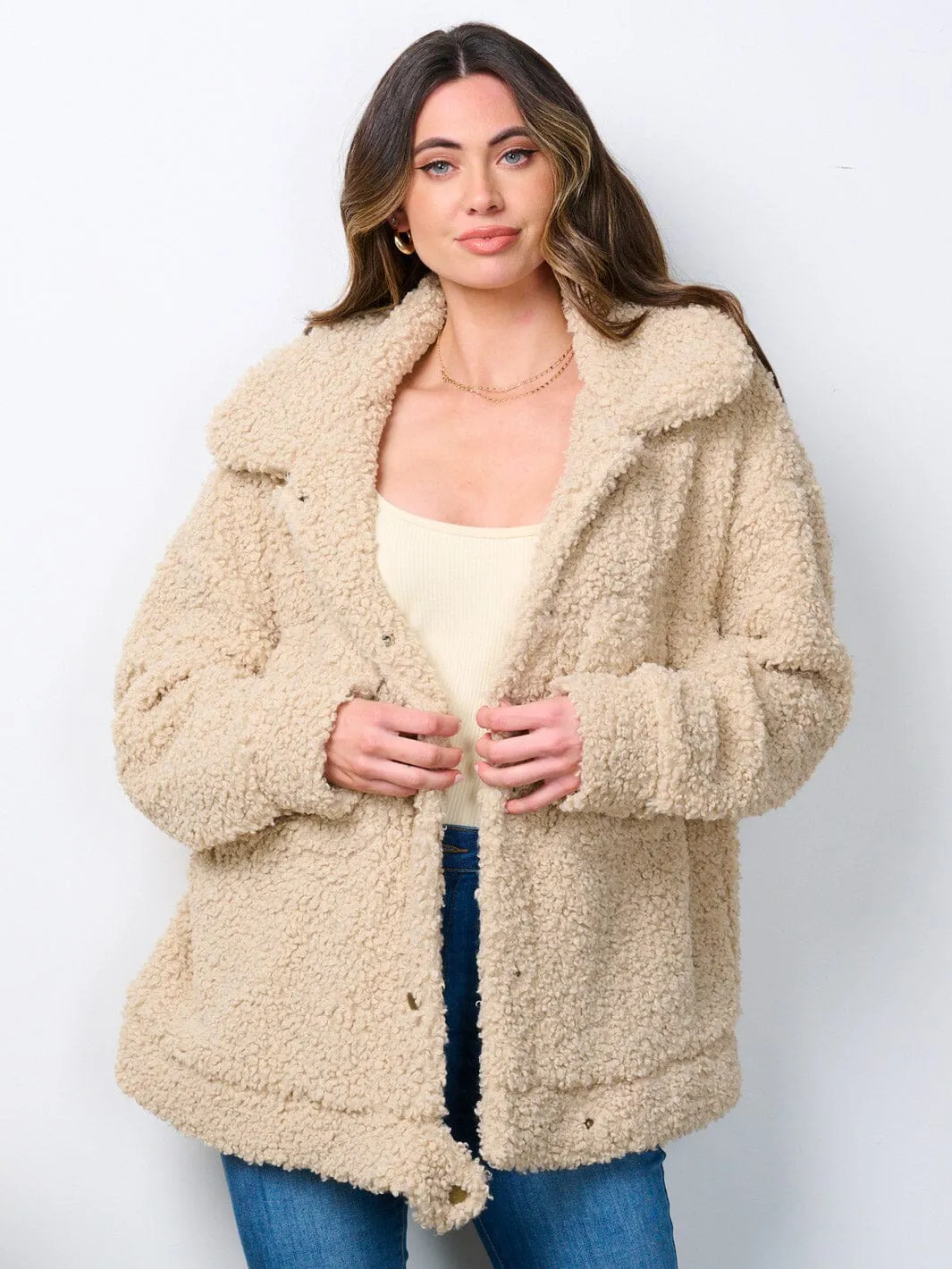 WOMEN'S LONG SLEEVE BUTTON CLOSURE SHERPA JACKET