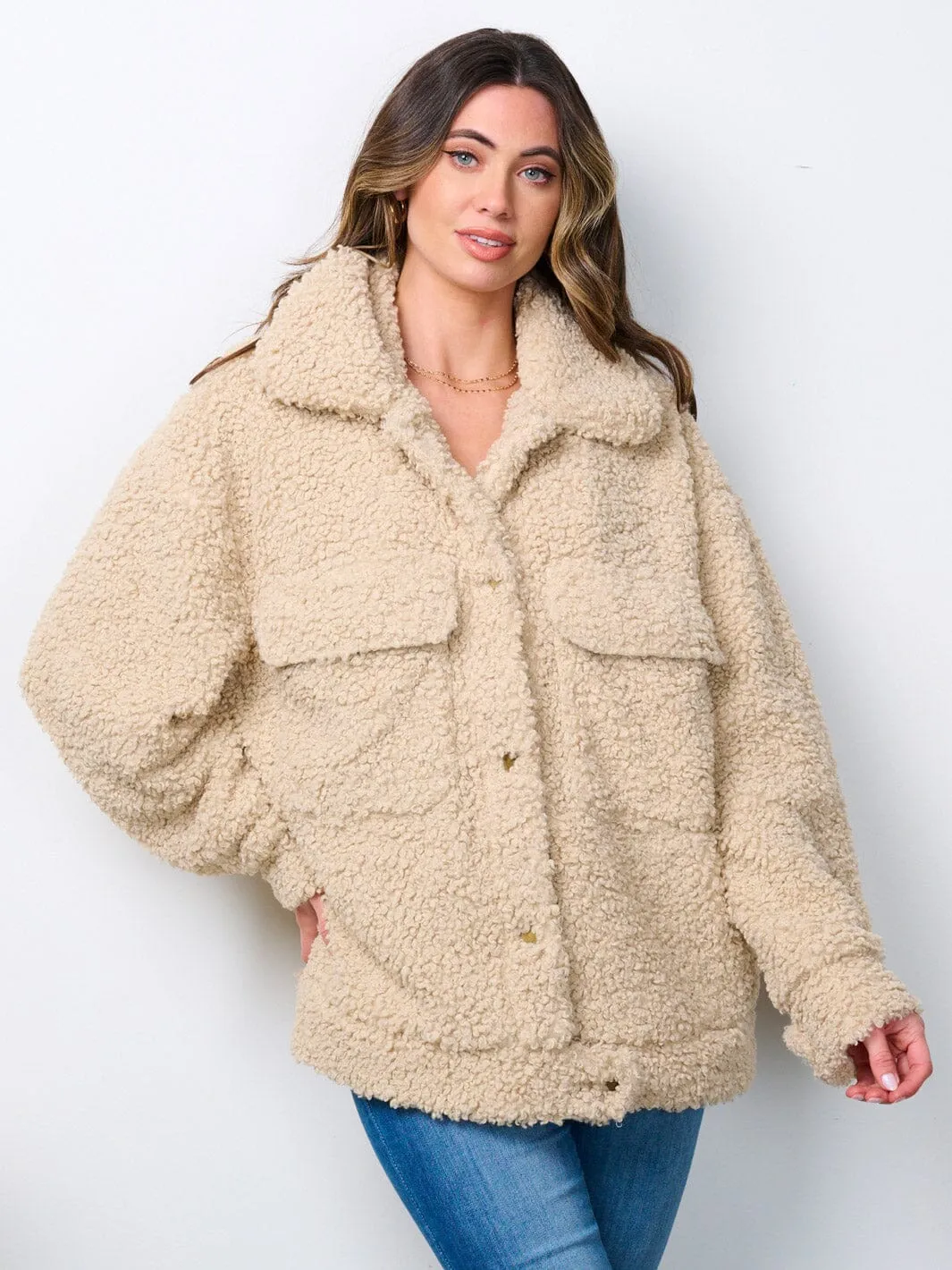 WOMEN'S LONG SLEEVE BUTTON CLOSURE SHERPA JACKET