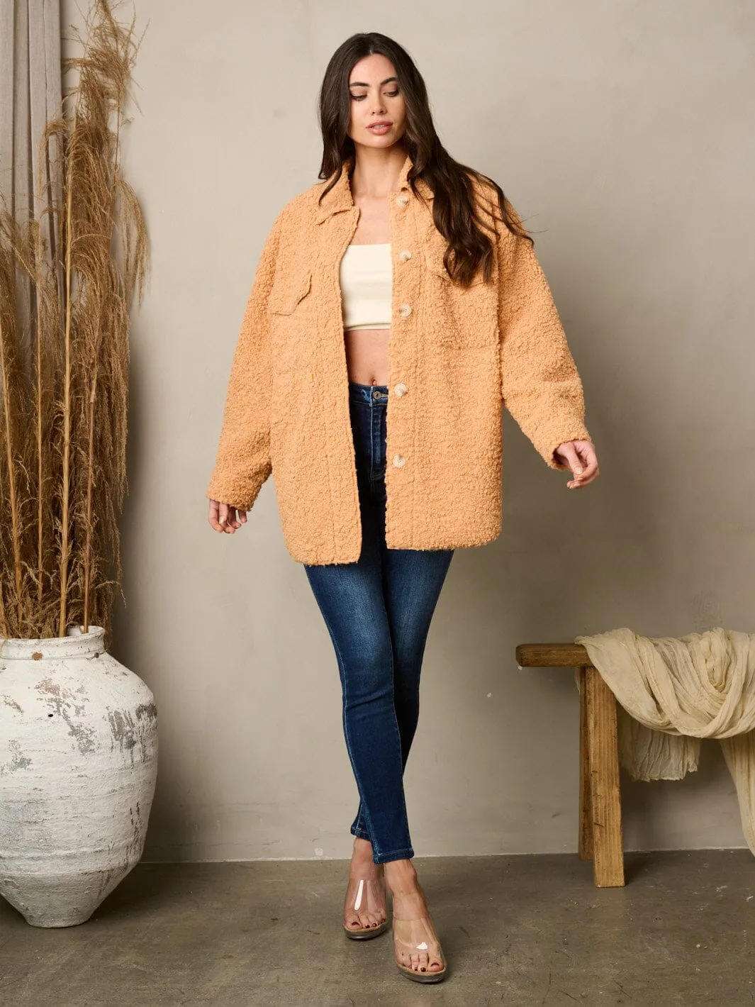WOMEN'S LONG SLEEVE BUTTON UP POCKETS SHERPA JACKET