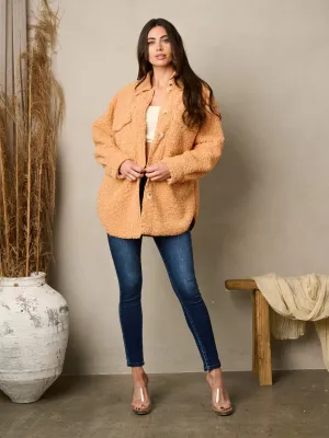 WOMEN'S LONG SLEEVE BUTTON UP POCKETS SHERPA JACKET