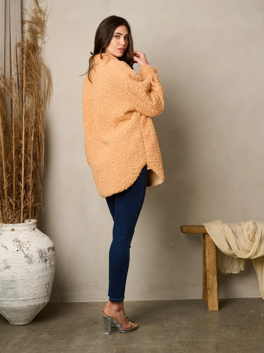 WOMEN'S LONG SLEEVE BUTTON UP POCKETS SHERPA JACKET