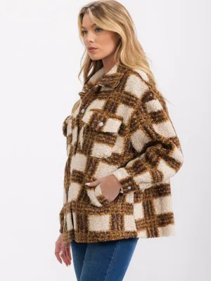 WOMEN'S LONG SLEEVE FRONT POCKETS BUTTON CLOSURE SHERPA PLAID JACKET
