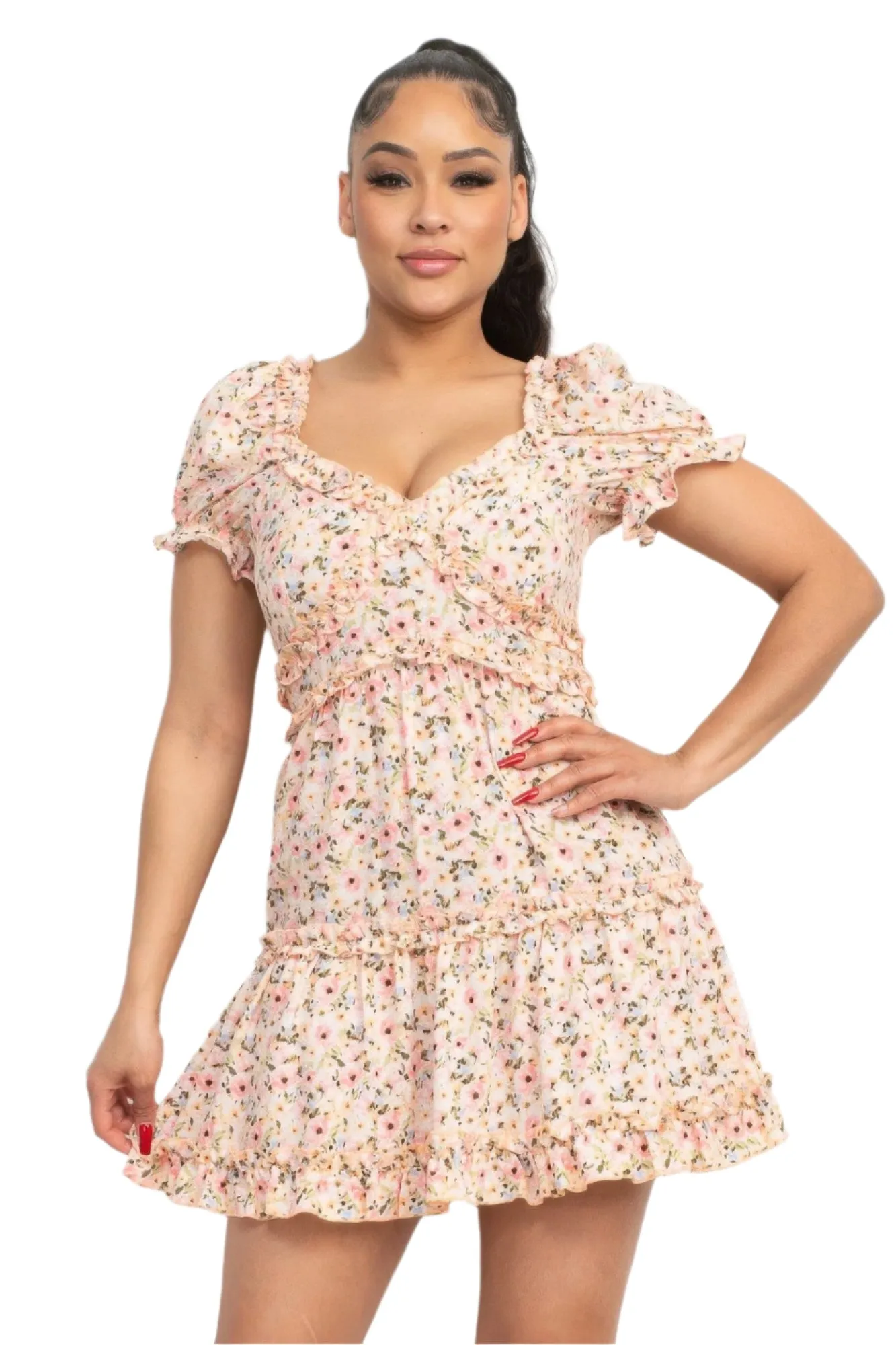 Women's Ruffled Floral Puff Sleeve Dress