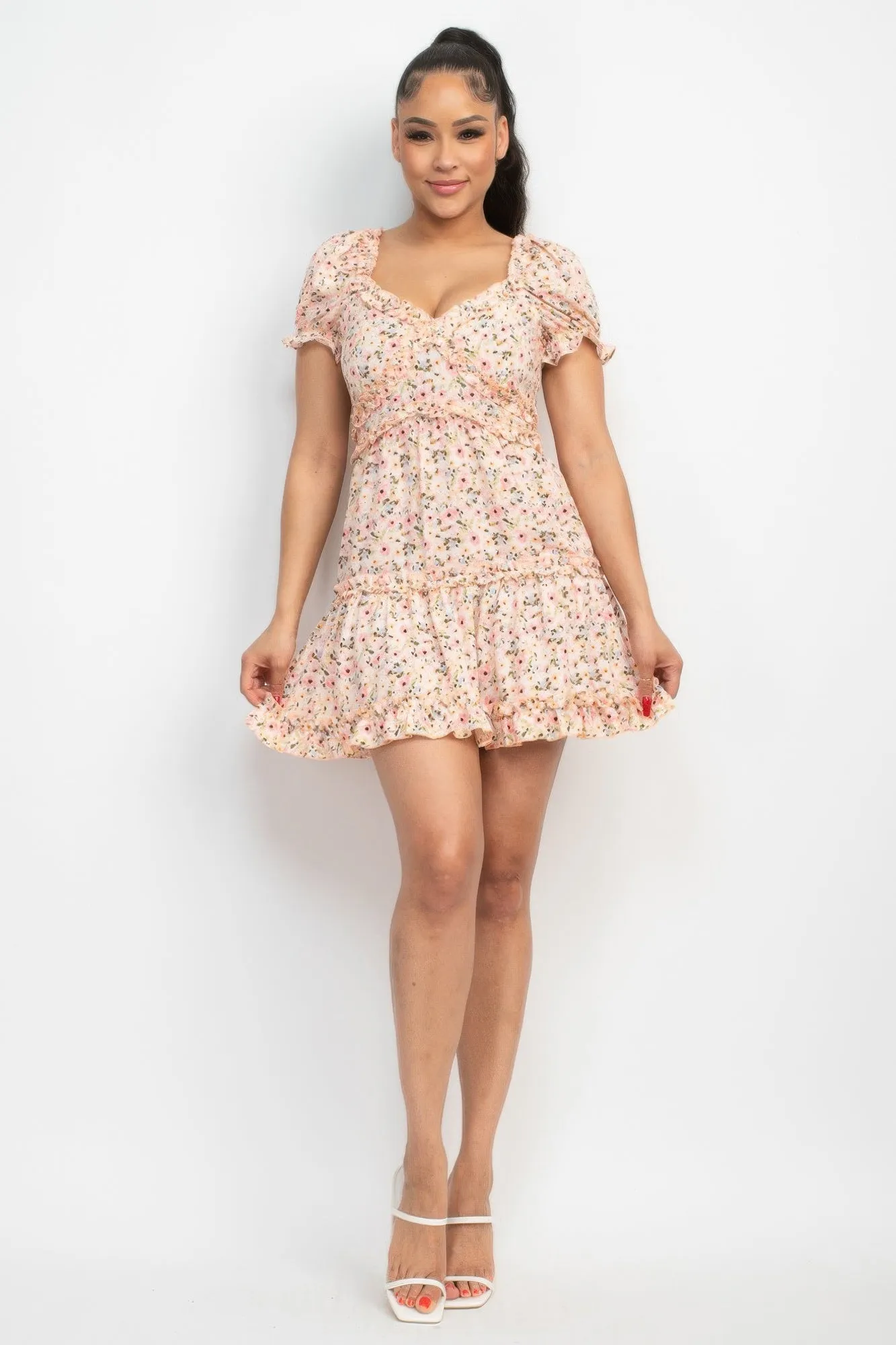 Women's Ruffled Floral Puff Sleeve Dress
