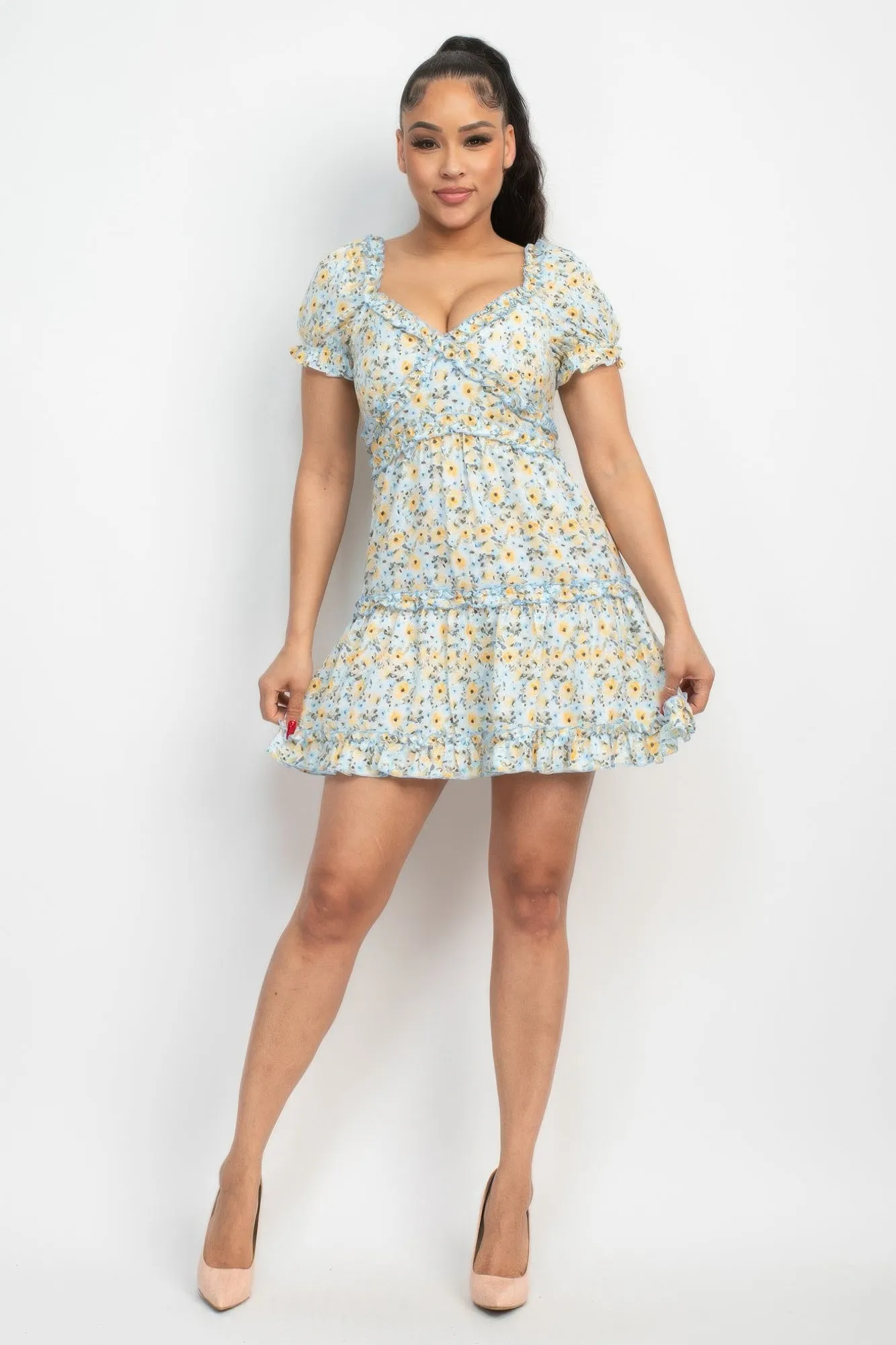 Women's Ruffled Floral Puff Sleeve Dress
