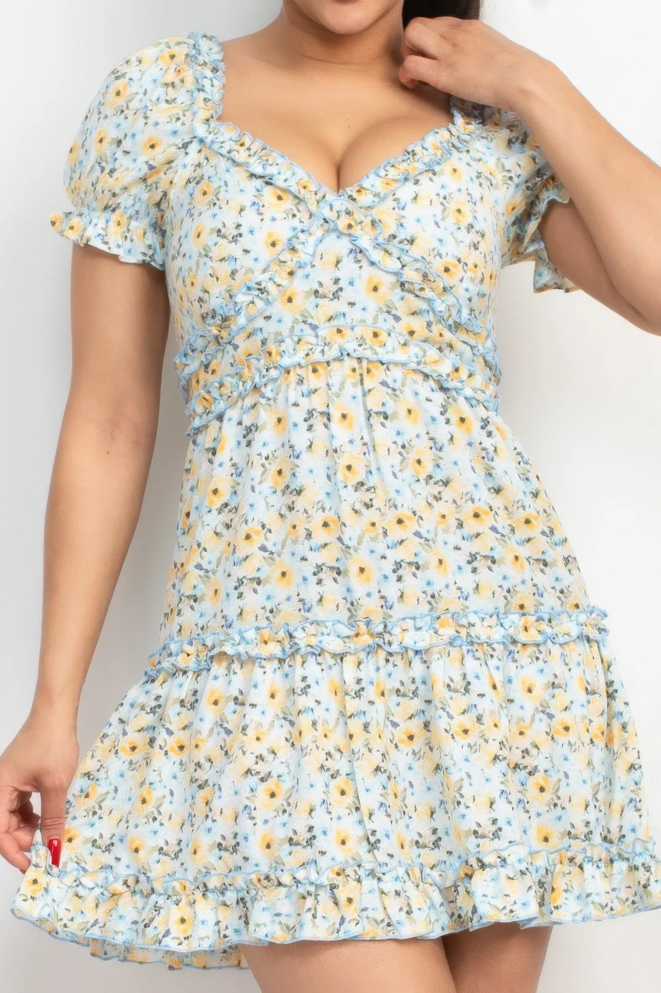 Women's Ruffled Floral Puff Sleeve Dress