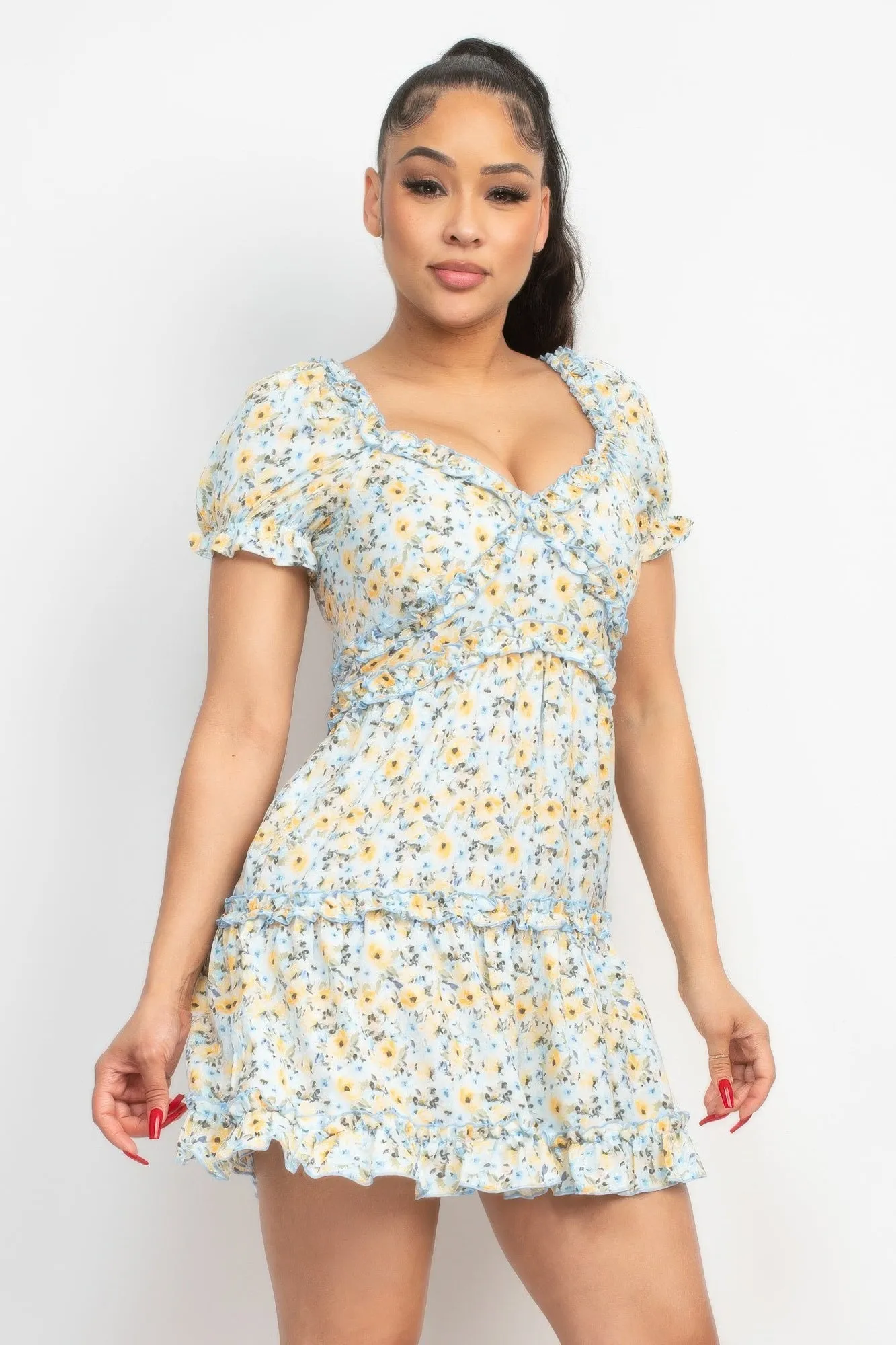 Women's Ruffled Floral Puff Sleeve Dress