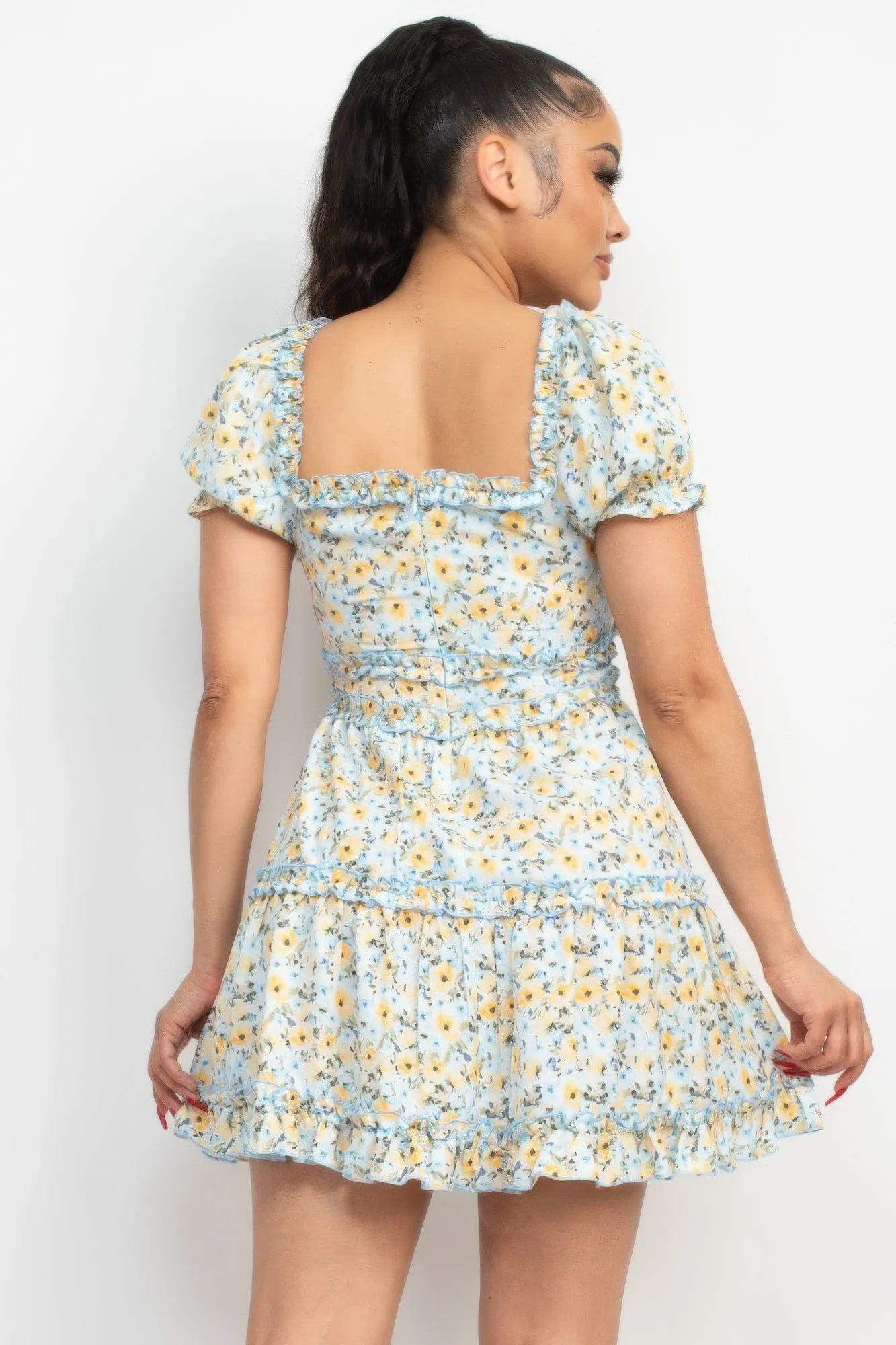 Women's Ruffled Floral Puff Sleeve Dress