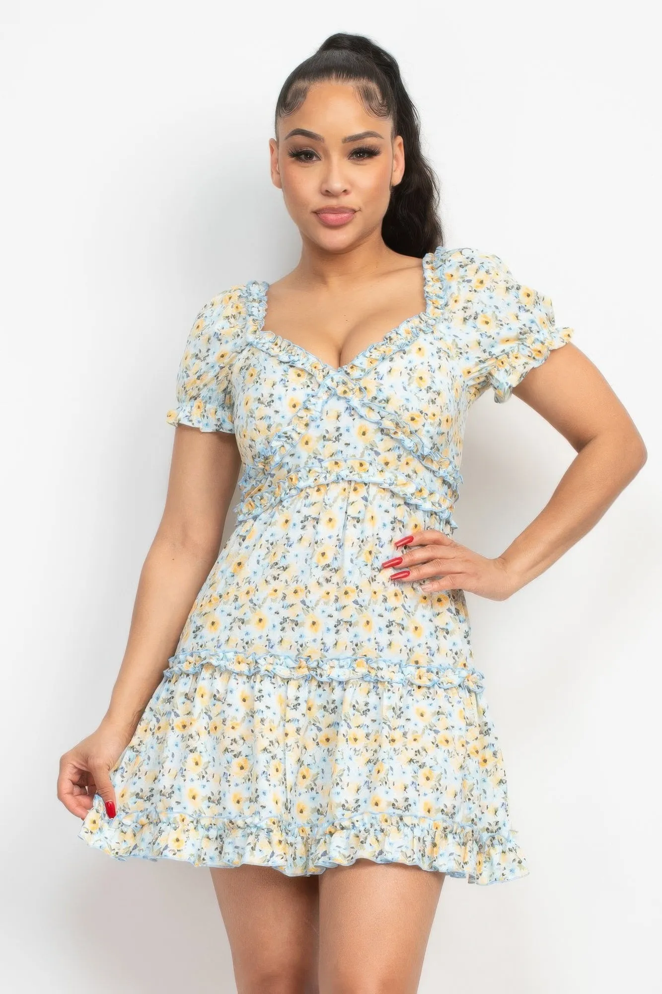 Women's Ruffled Floral Puff Sleeve Dress