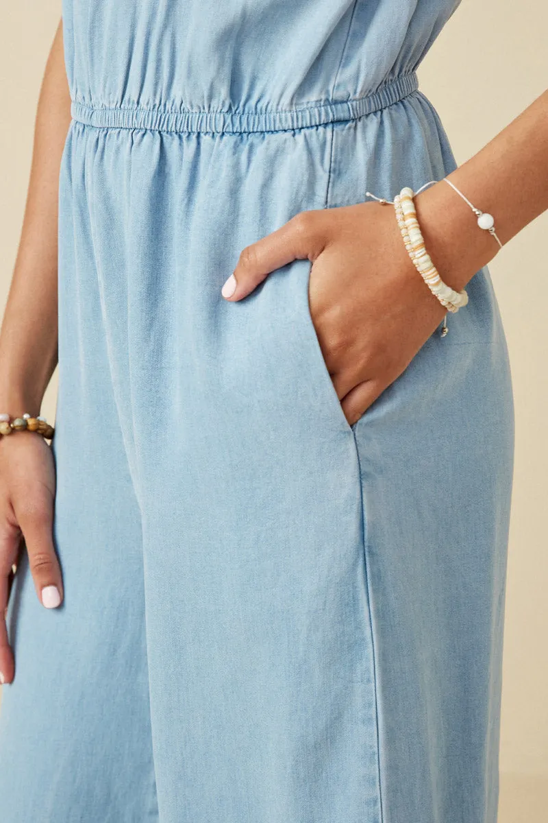 Womens Ruffled Halter Wideleg Denim Tencel Jumpsuit