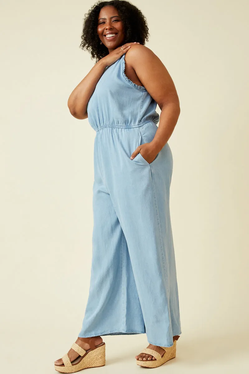 Womens Ruffled Halter Wideleg Denim Tencel Jumpsuit