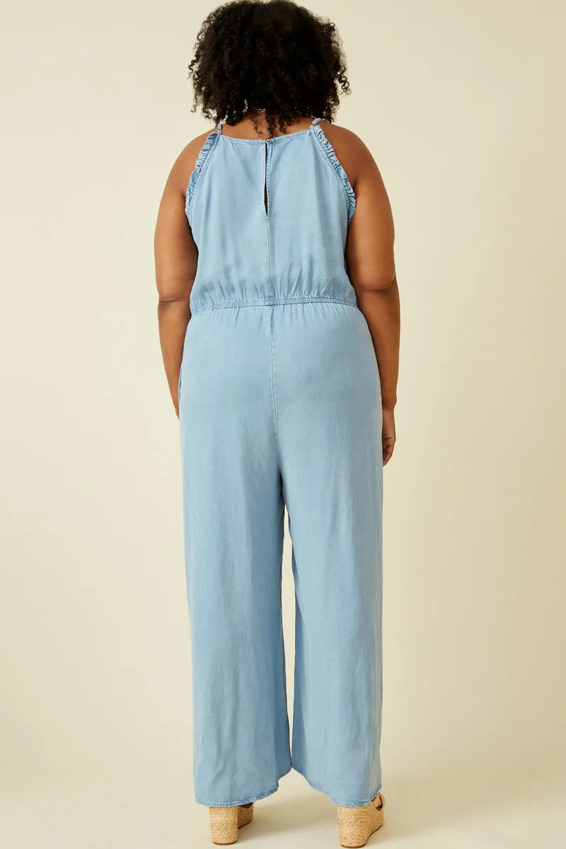Womens Ruffled Halter Wideleg Denim Tencel Jumpsuit