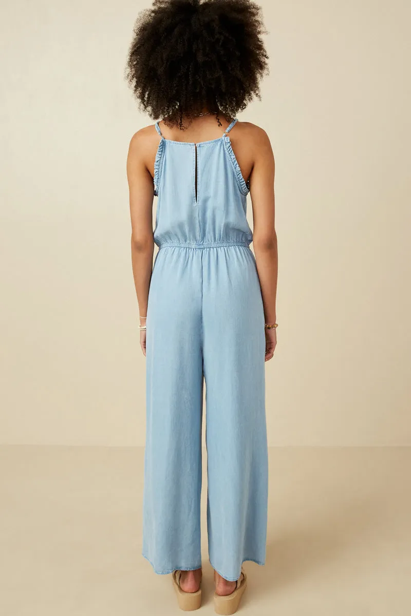 Womens Ruffled Halter Wideleg Denim Tencel Jumpsuit