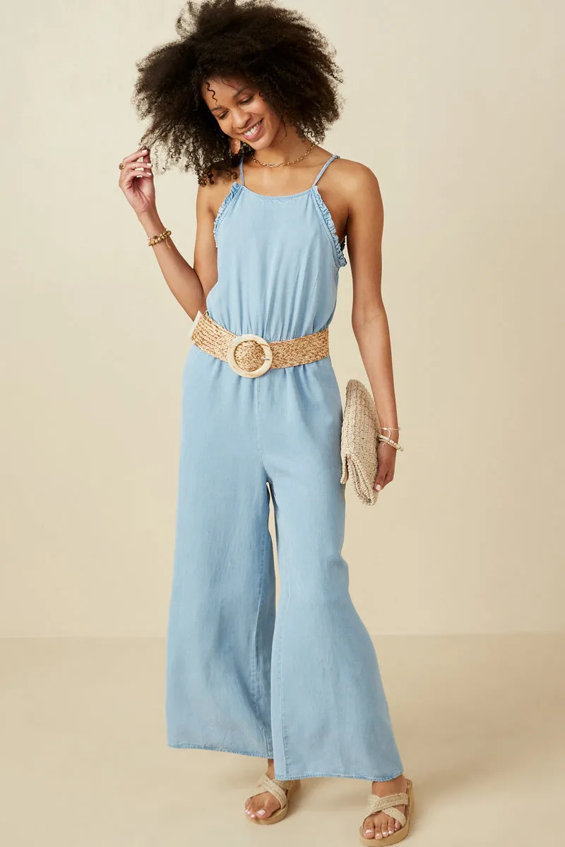 Womens Ruffled Halter Wideleg Denim Tencel Jumpsuit