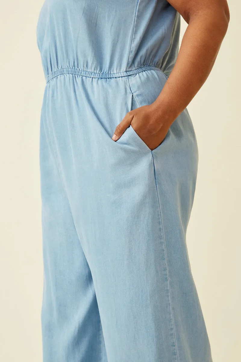 Womens Ruffled Halter Wideleg Denim Tencel Jumpsuit