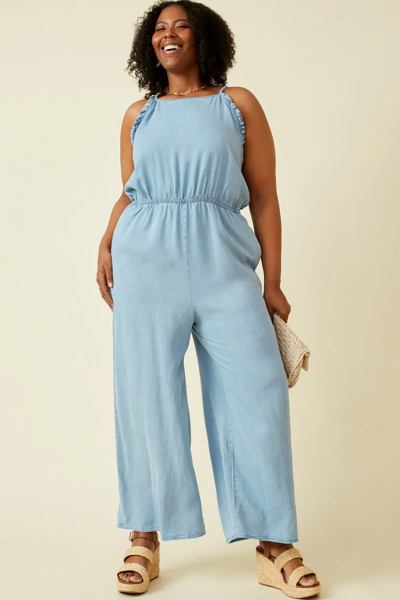 Womens Ruffled Halter Wideleg Denim Tencel Jumpsuit