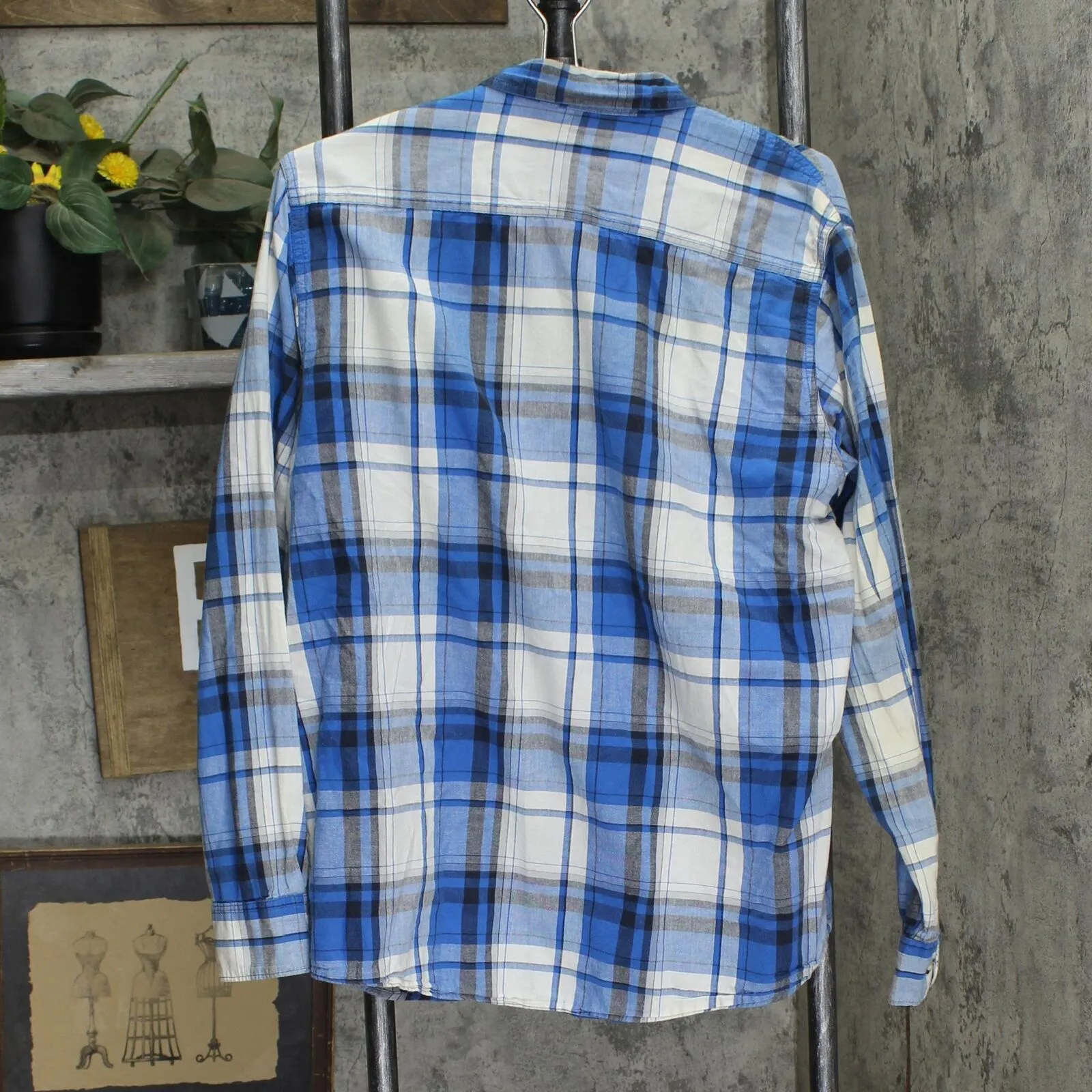 Wrangler Mens Long Sleeve Cotton Button Up Shirt Blue / White Plaid L