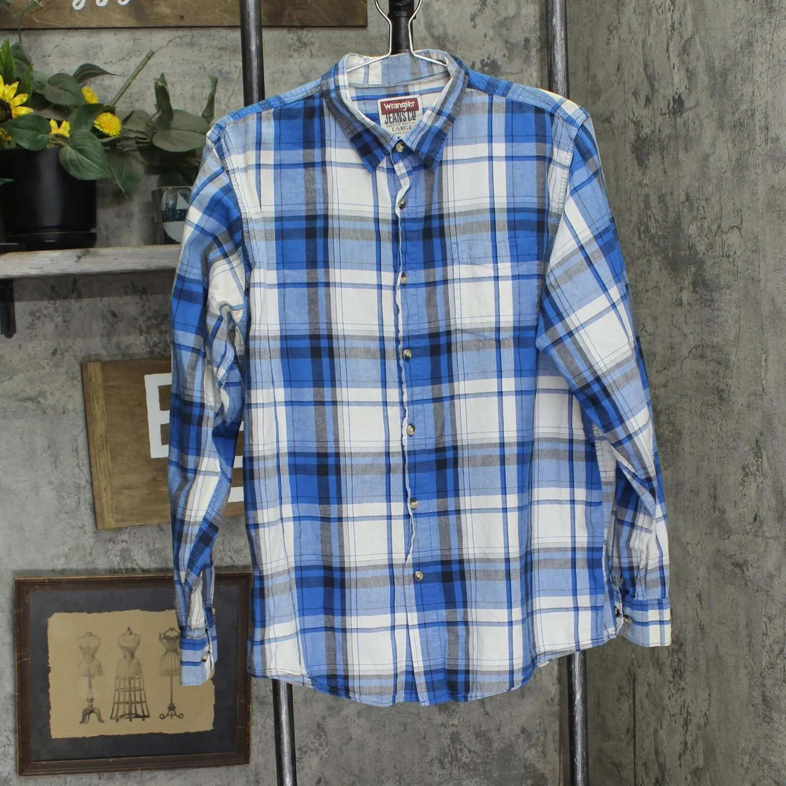 Wrangler Mens Long Sleeve Cotton Button Up Shirt Blue / White Plaid L